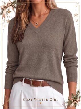 Wool Blend V-Neck Pullover Sweater Long Sleeve Casual Fall Winter Top